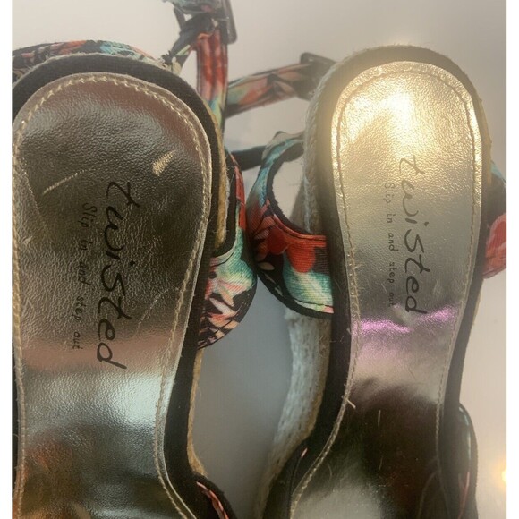 Twisted Black Espadrille Wedge Sandals Sz 7 Boho Buckle Strappy High Heels Flora - Picture 6 of 7